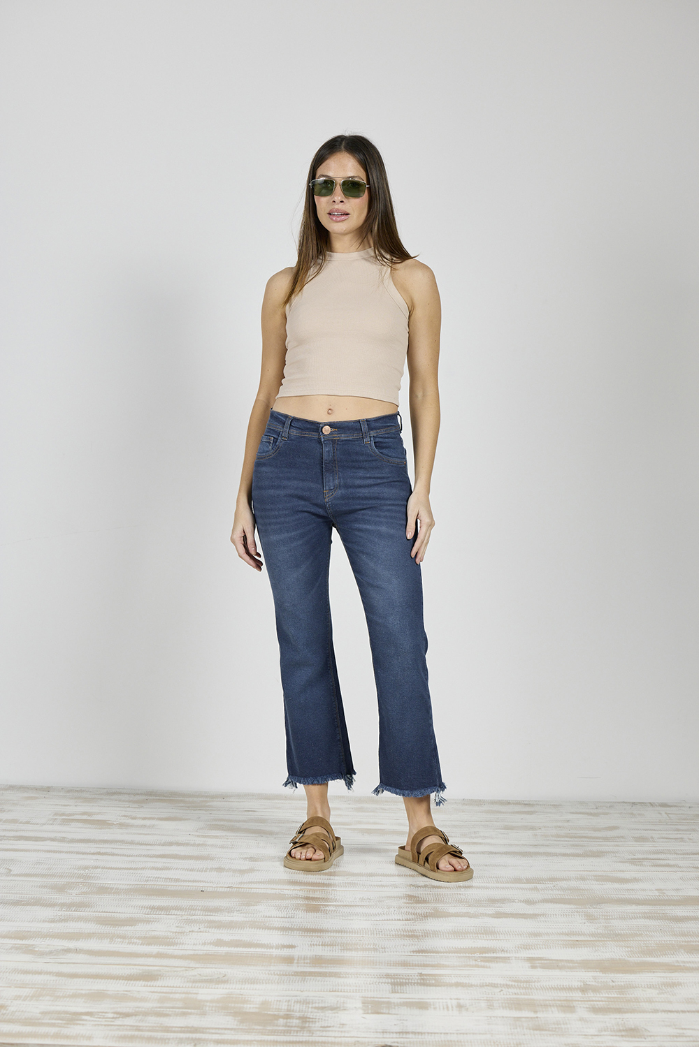 ART. 393 | CROP SEMI OXFORD AZUL BOTA DEFLECADO ELASTIZADO